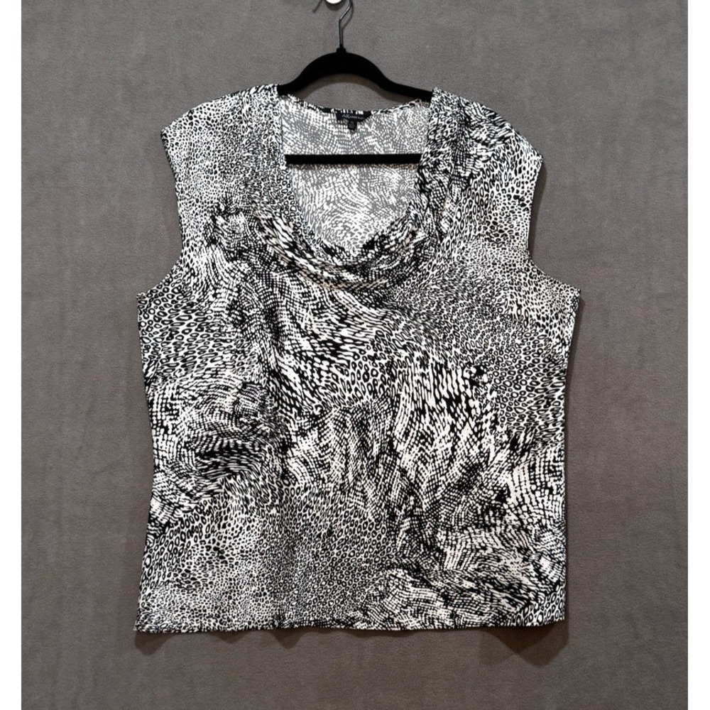 Anne Klein Womens XL Black White Abstract Animal Print Cowl Neck Sleeveless Top